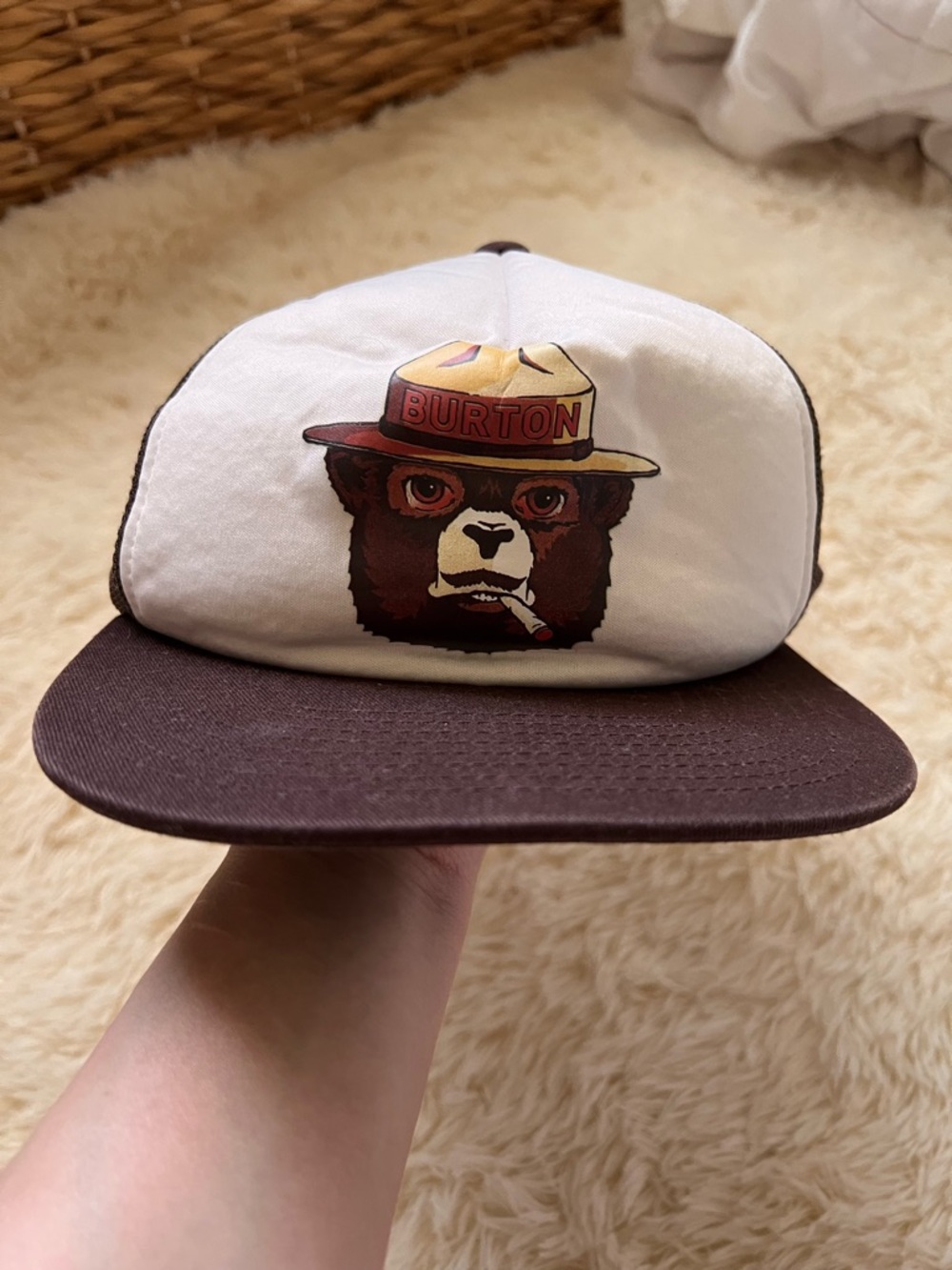 Burton “Smokey” the Bear Mesh Trucker Hat in brown and Tan